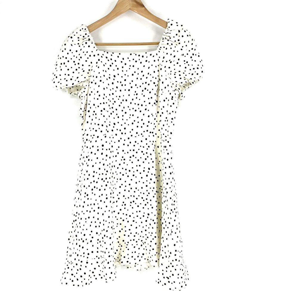 LOFT Dress Size 4 Petite Womens Ivory Black Polka Dot Linen Blend Puff Sleeve